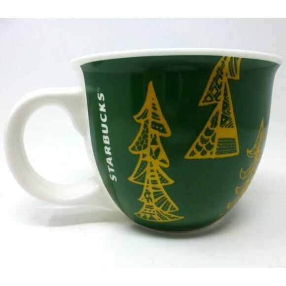 Starbucks 2015 Green Gold Christmas Trees Coffee Tea Mug Cup Xmas - Picture 1 of 5